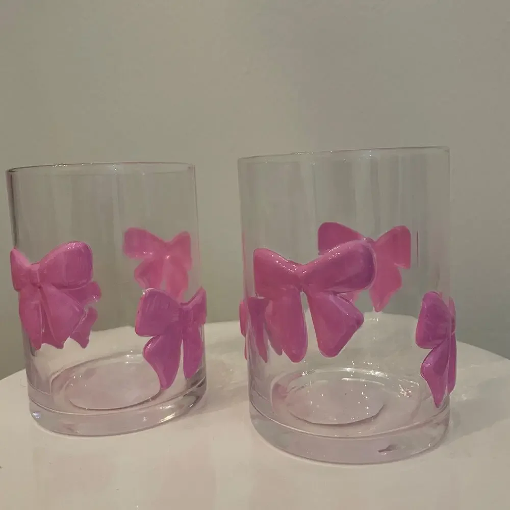 VIRAL Pink Bow Embossed Glass Clear Tumbler Cups Set of 2 NEW
